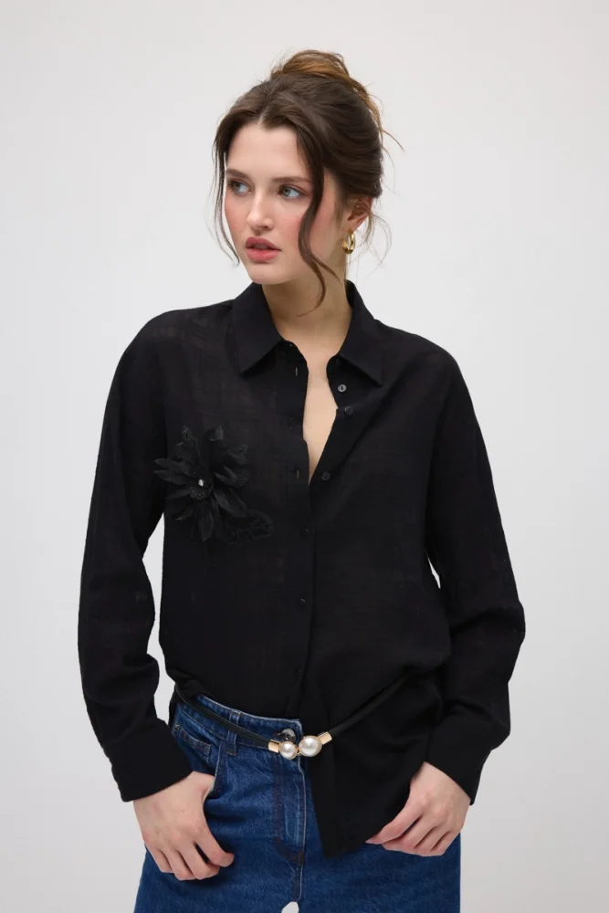 Floral Appliqué Cotton Shirt - Black Black