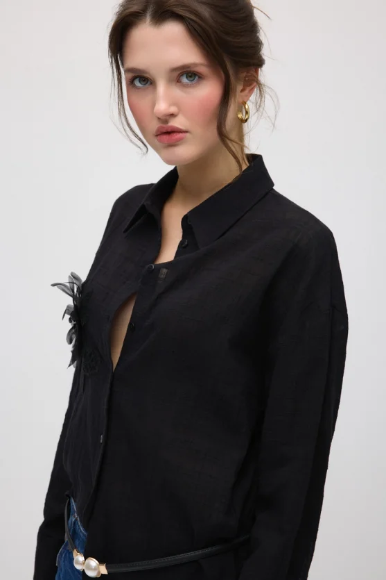 Floral Appliqué Cotton Shirt - Black - 7