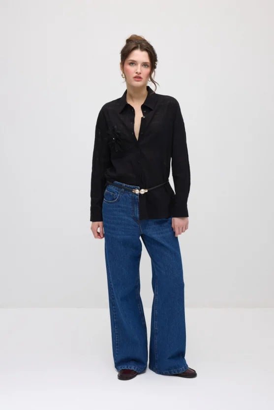 Floral Appliqué Cotton Shirt - Black - 2