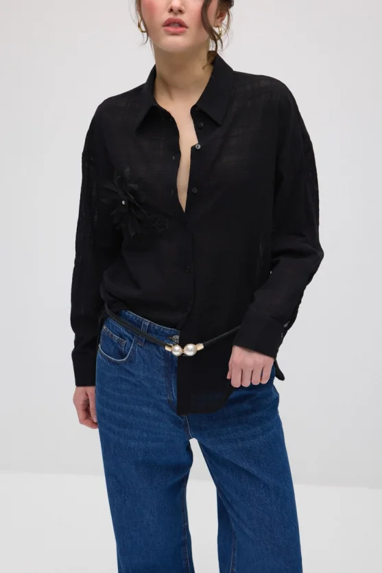 Floral Appliqué Cotton Shirt - Black - Gusto