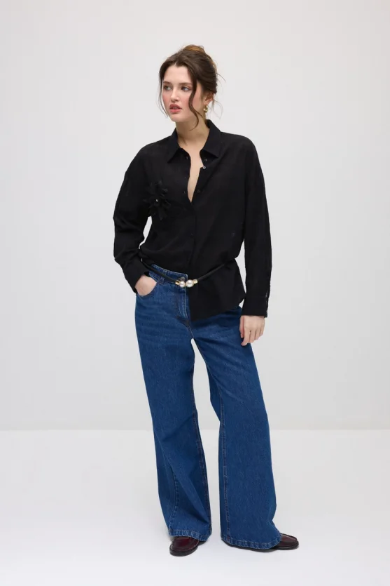 Floral Appliqué Cotton Shirt - Black - Gusto