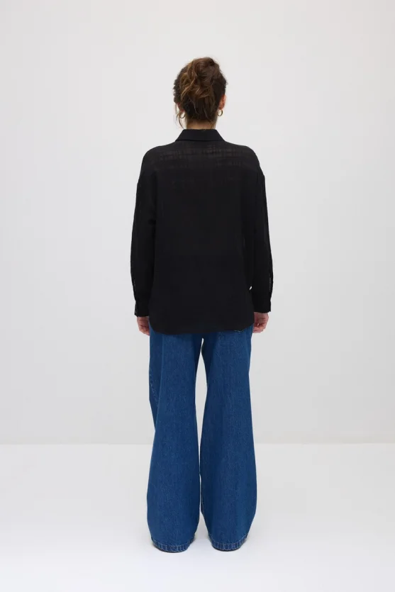 Floral Appliqué Cotton Shirt - Black - Gusto