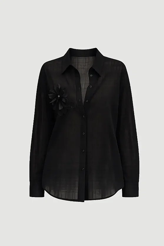 Floral Appliqué Cotton Shirt - Black - 7