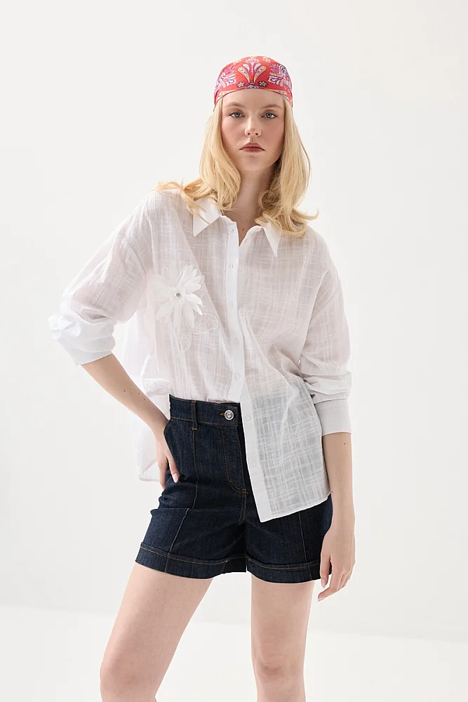 Floral Appliqué Cotton Shirt - White