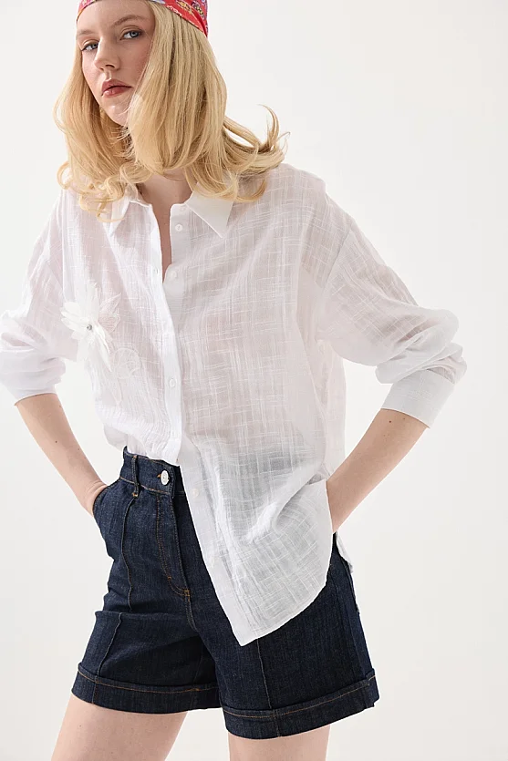 Floral Appliqué Cotton Shirt - White - 2