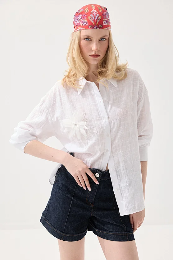Floral Appliqué Cotton Shirt - White - 3