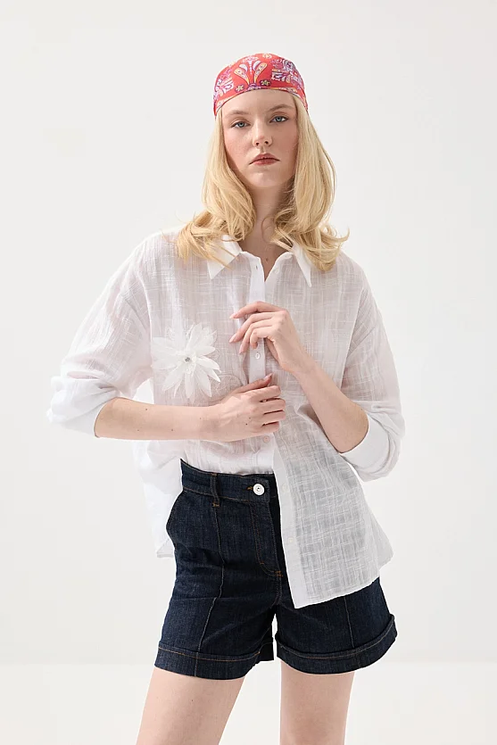 Floral Appliqué Cotton Shirt - White - Gusto