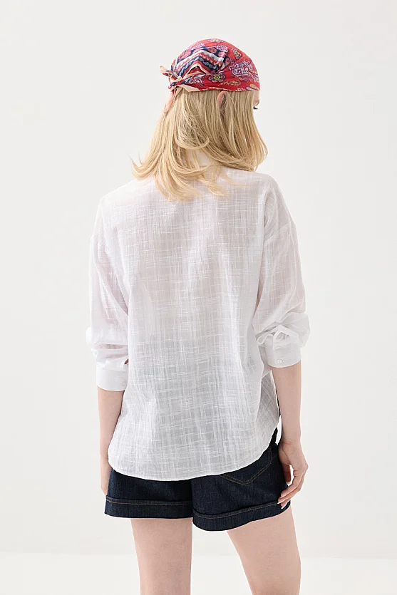 Floral Appliqué Cotton Shirt - White - Gusto