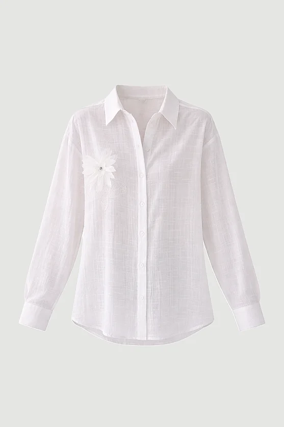 Floral Appliqué Cotton Shirt - White - 6