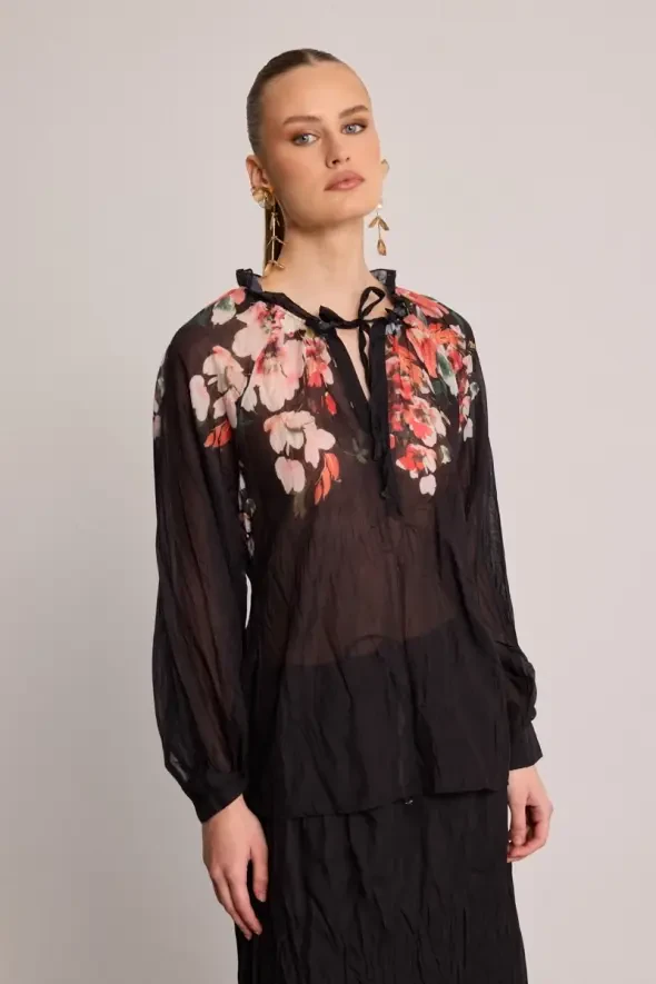 Floral Crinkle Blouse - Black - 3