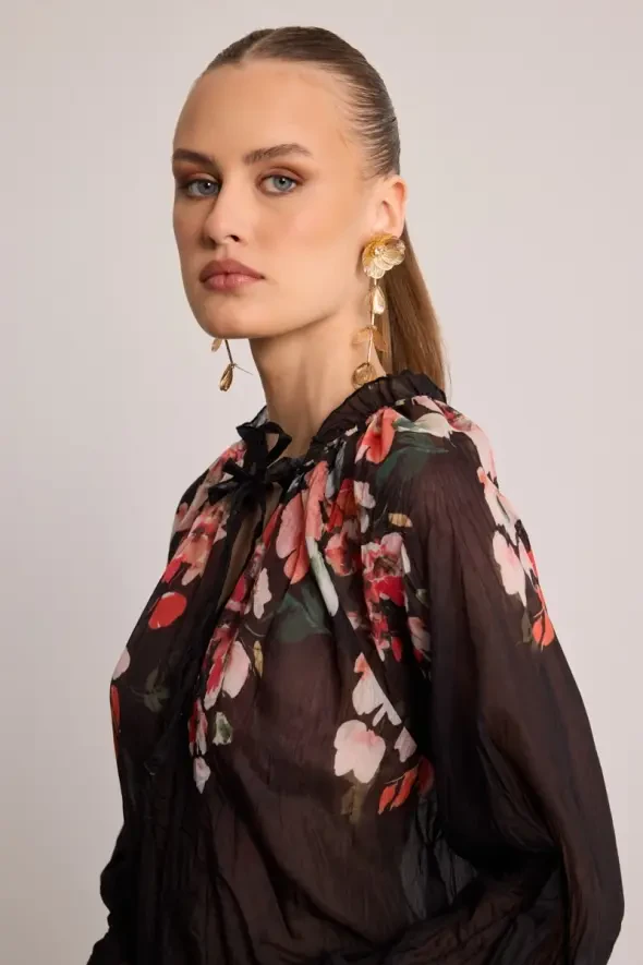 Floral Crinkle Blouse - Black - 4
