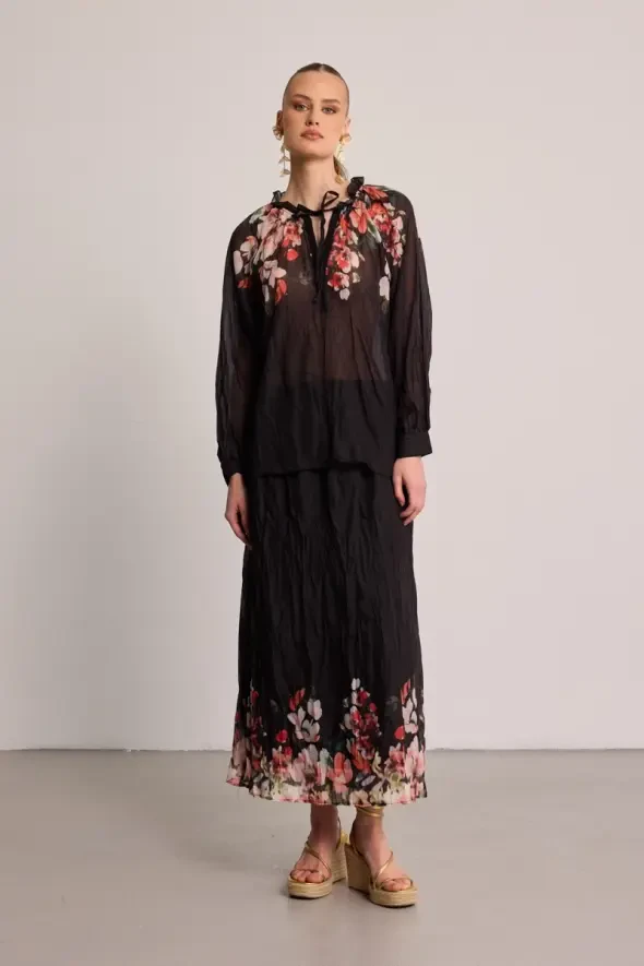 Floral Crinkle Skirt - Black - 1