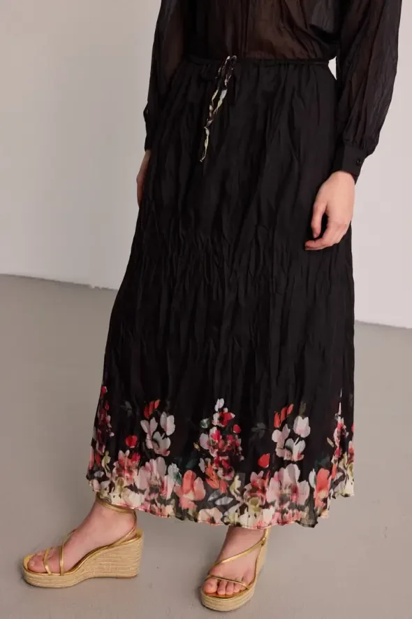 Floral Crinkle Skirt - Black - 3