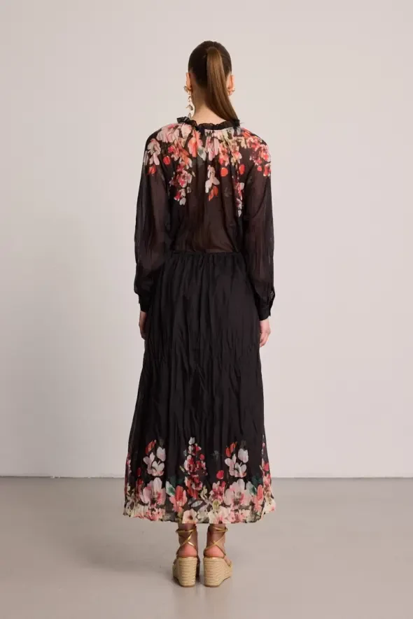 Floral Crinkle Skirt - Black - 4