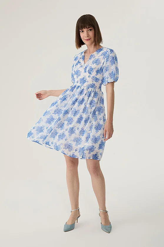 Floral Dress with Cross-Back Straps - Blue - 2