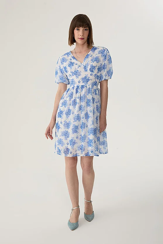 Floral Dress with Cross-Back Straps - Blue - Gusto