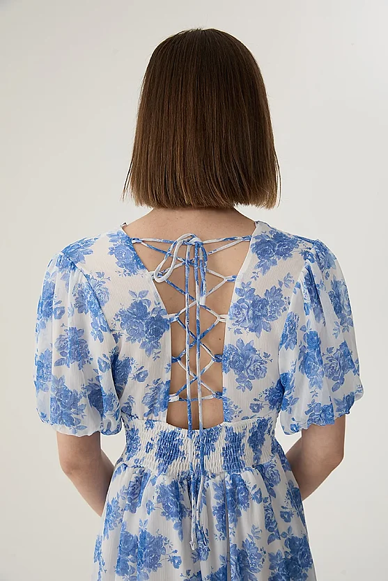 Floral Dress with Cross-Back Straps - Blue - Gusto