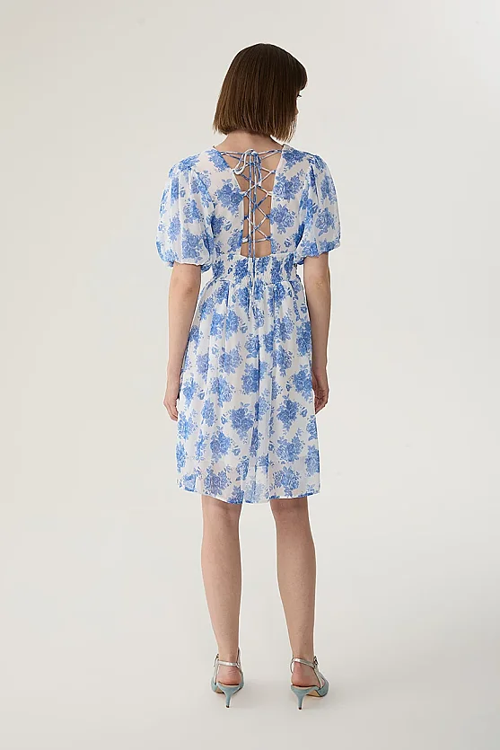 Floral Dress with Cross-Back Straps - Blue - Gusto