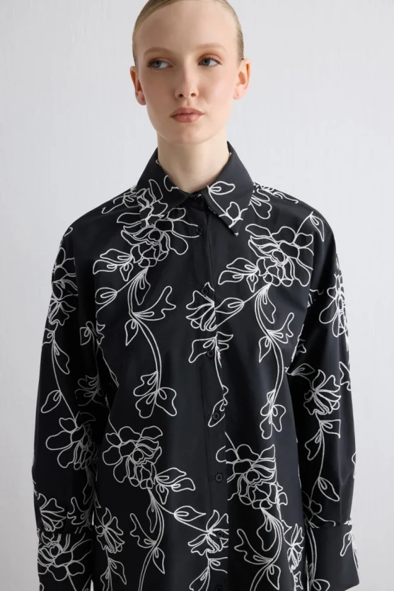 Floral Embroidered Cotton Shirt - Black - 3