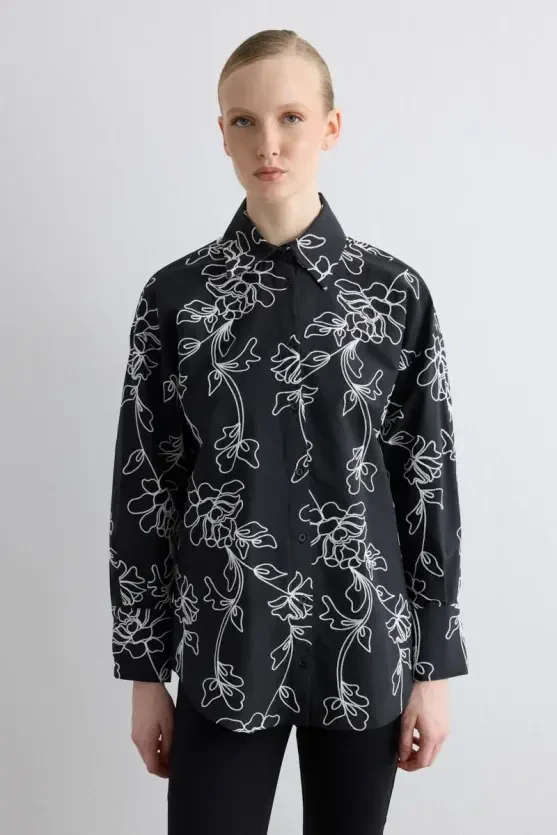 Floral Embroidered Cotton Shirt - Black - 1