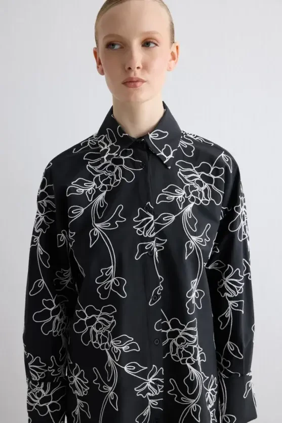 Floral Embroidered Cotton Shirt - Black - 3