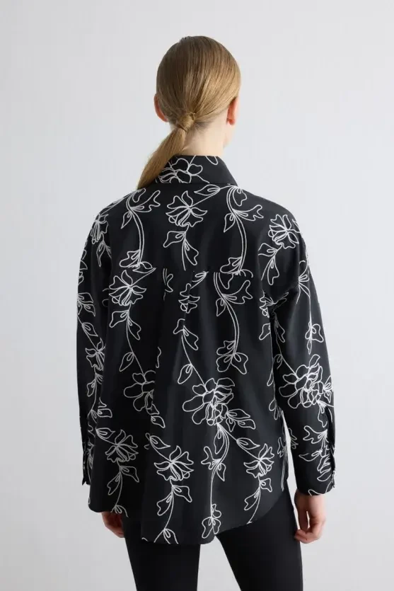 Floral Embroidered Cotton Shirt - Black - Gusto