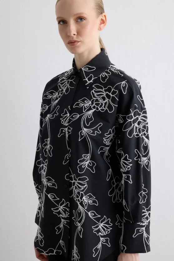 Floral Embroidered Cotton Shirt Black - 2