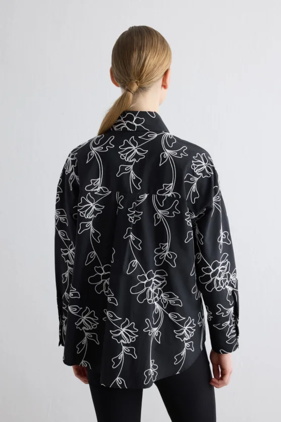 Floral Embroidered Cotton Shirt Black - Gusto