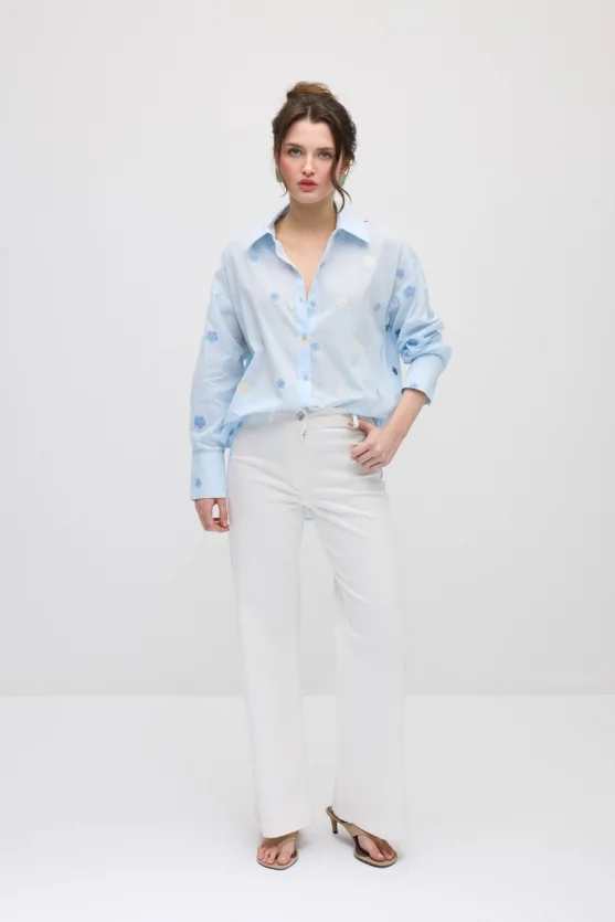 Floral Embroidered Cotton Shirt - Blue - 7