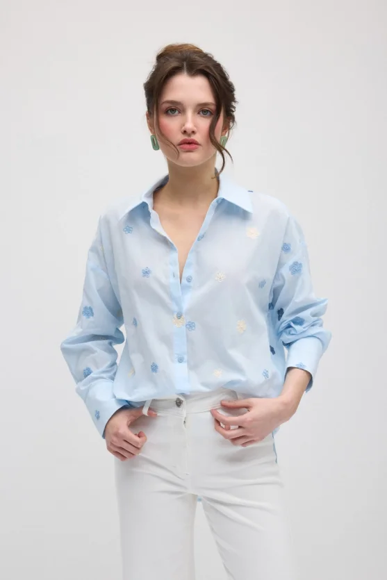Floral Embroidered Cotton Shirt - Blue - 4