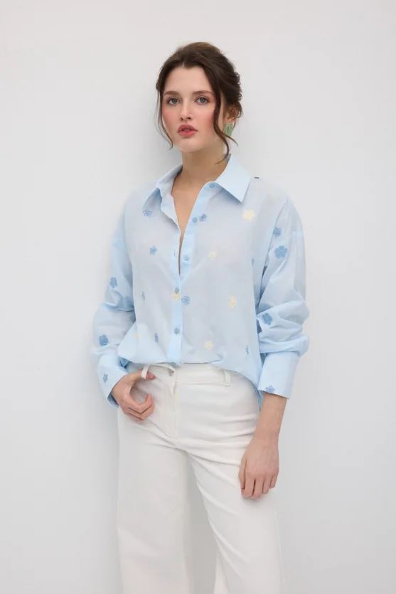 Floral Embroidered Cotton Shirt - Blue - 3