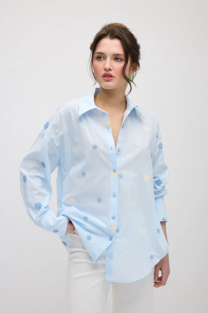 Floral Embroidered Cotton Shirt - Blue Blue