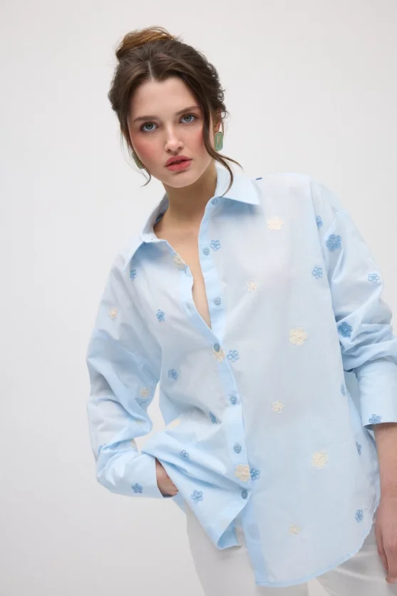 Floral Embroidered Cotton Shirt - Blue - Gusto