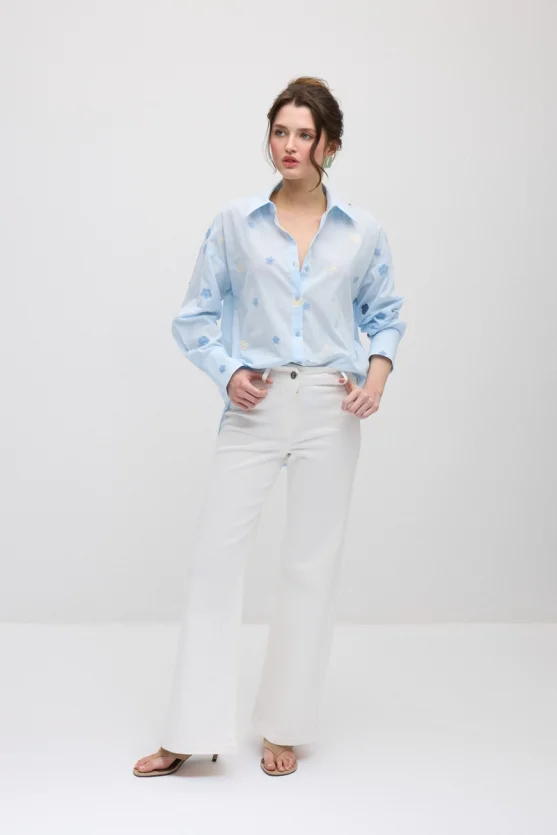 Floral Embroidered Cotton Shirt - Blue - Gusto