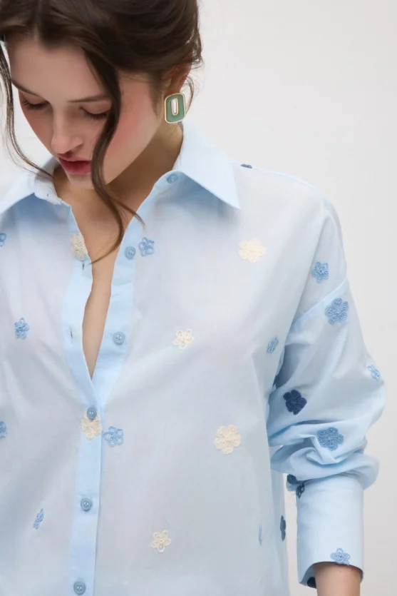 Floral Embroidered Cotton Shirt - Blue - Gusto