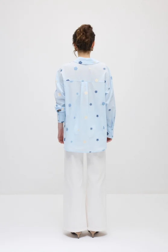 Floral Embroidered Cotton Shirt - Blue - 6