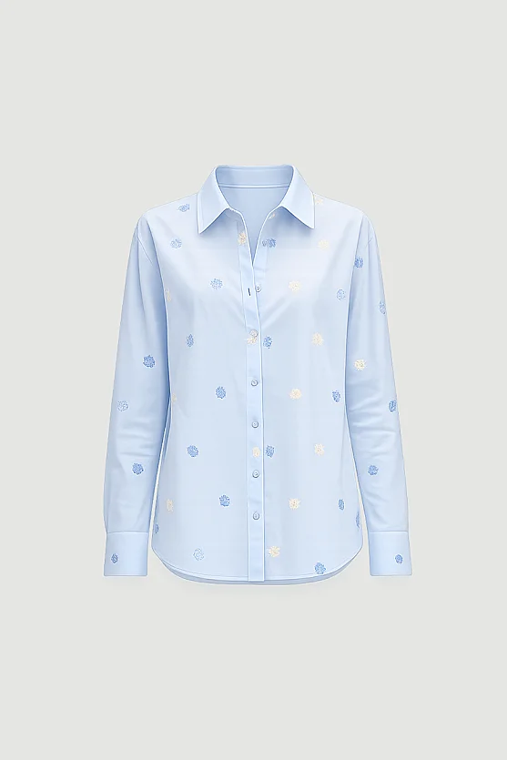 Floral Embroidered Cotton Shirt - Blue - Gusto