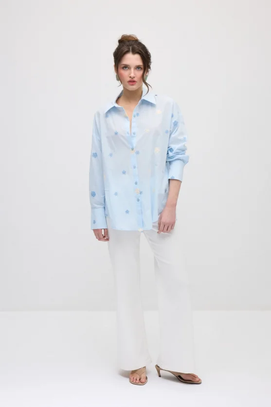 Floral Embroidered Cotton Shirt - Blue - 2