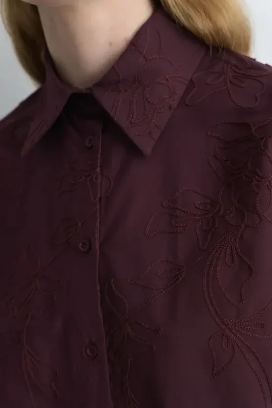 Floral Embroidered Cotton Shirt - Burgundy - Gusto