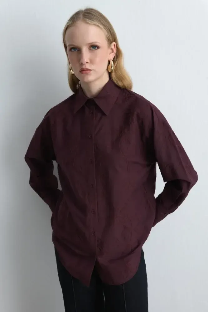 Floral Embroidered Cotton Shirt - Burgundy Burgundy