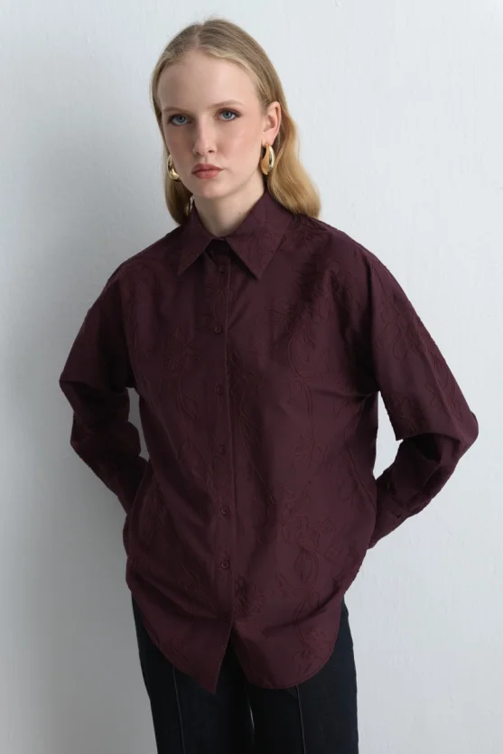 Floral Embroidered Cotton Shirt Burgundy - Gusto