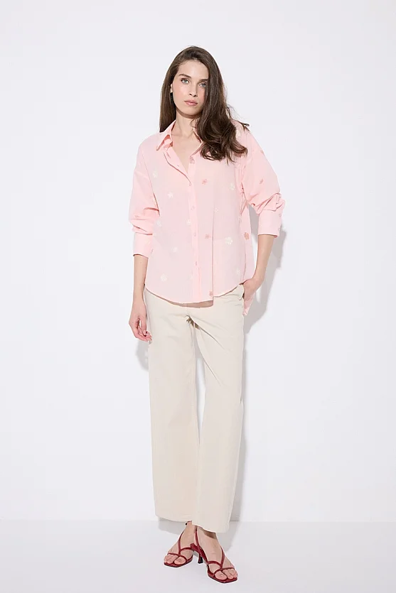 Floral Embroidered Cotton Shirt - Pink - Gusto