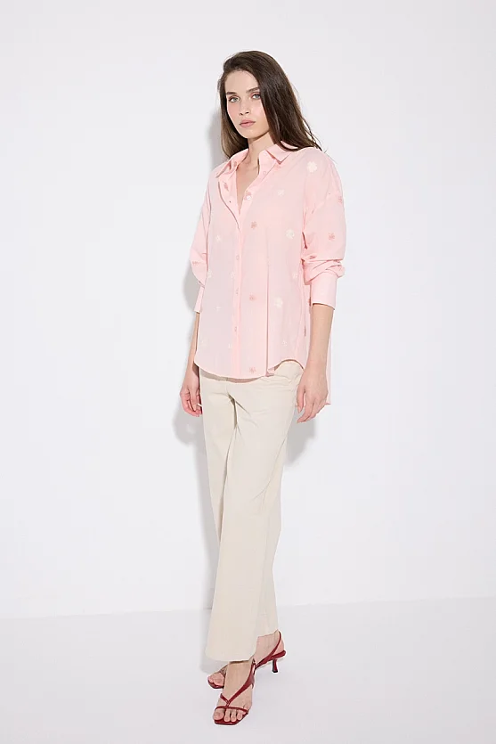 Floral Embroidered Cotton Shirt - Pink - Gusto