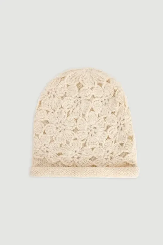 Floral Knit Beanie - Beige - 1