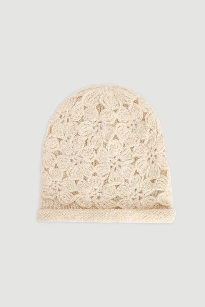 Floral Knit Beanie Beige