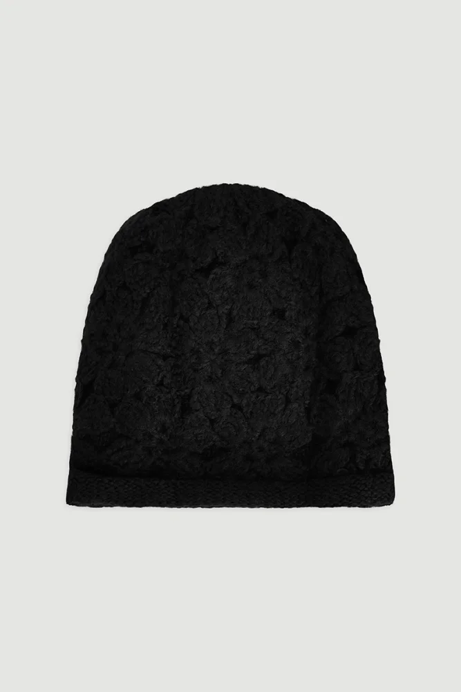 Floral Knit Beanie Black Black