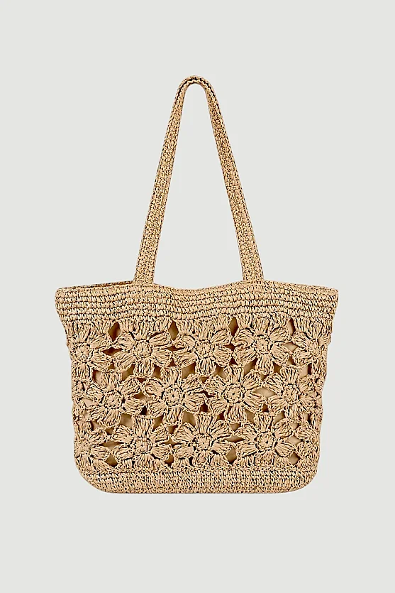 Floral Knitted Wide Straw Bag - Beige - 1