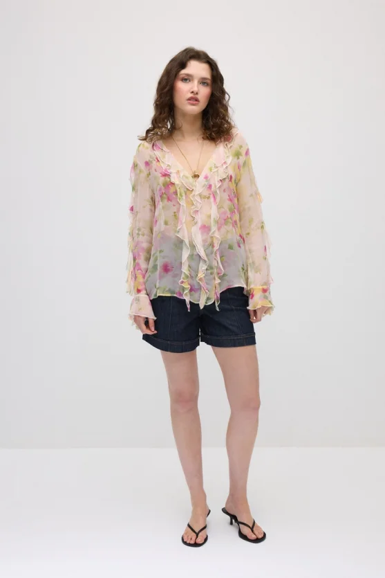 Floral Pattern Romantic Chiffon Blouse - Pink - 2