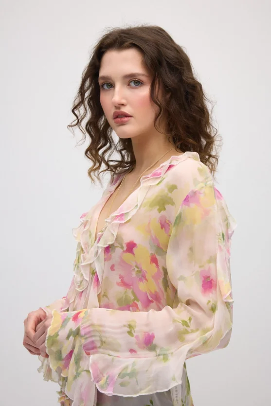 Floral Pattern Romantic Chiffon Blouse - Pink - Gusto