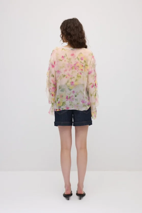 Floral Pattern Romantic Chiffon Blouse - Pink - Gusto